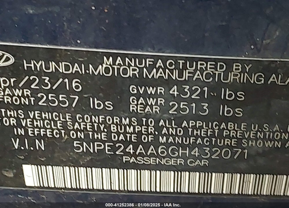 2016 HYUNDAI SONATA VIN: 5NPE24AA6GH432071