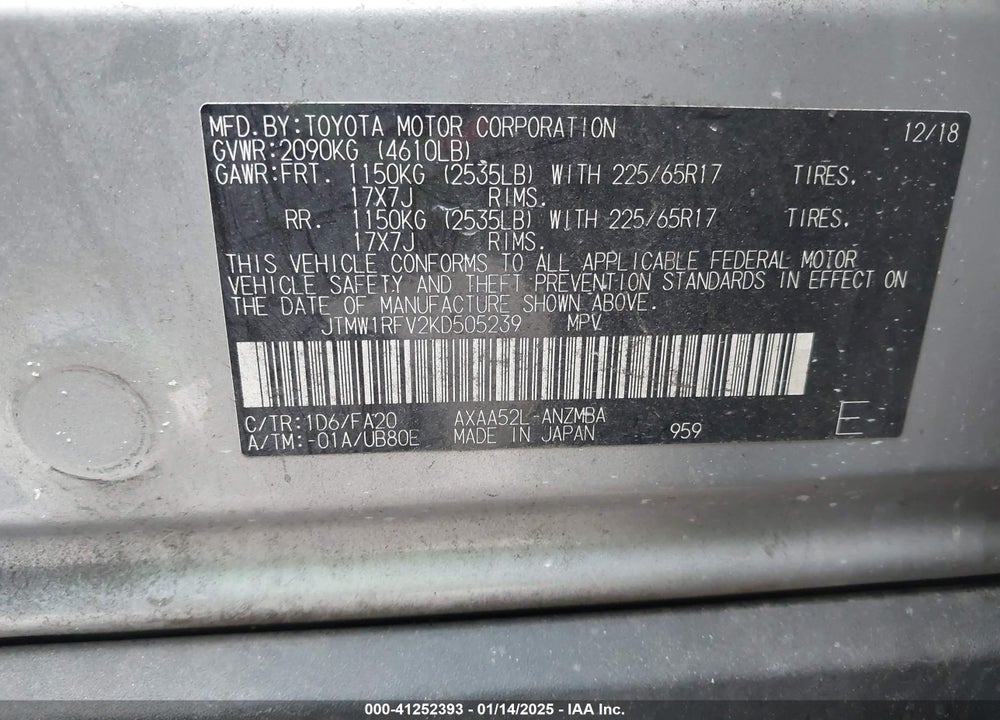 2019 TOYOTA RAV4 XLE VIN: JTMW1RFV2KD505239