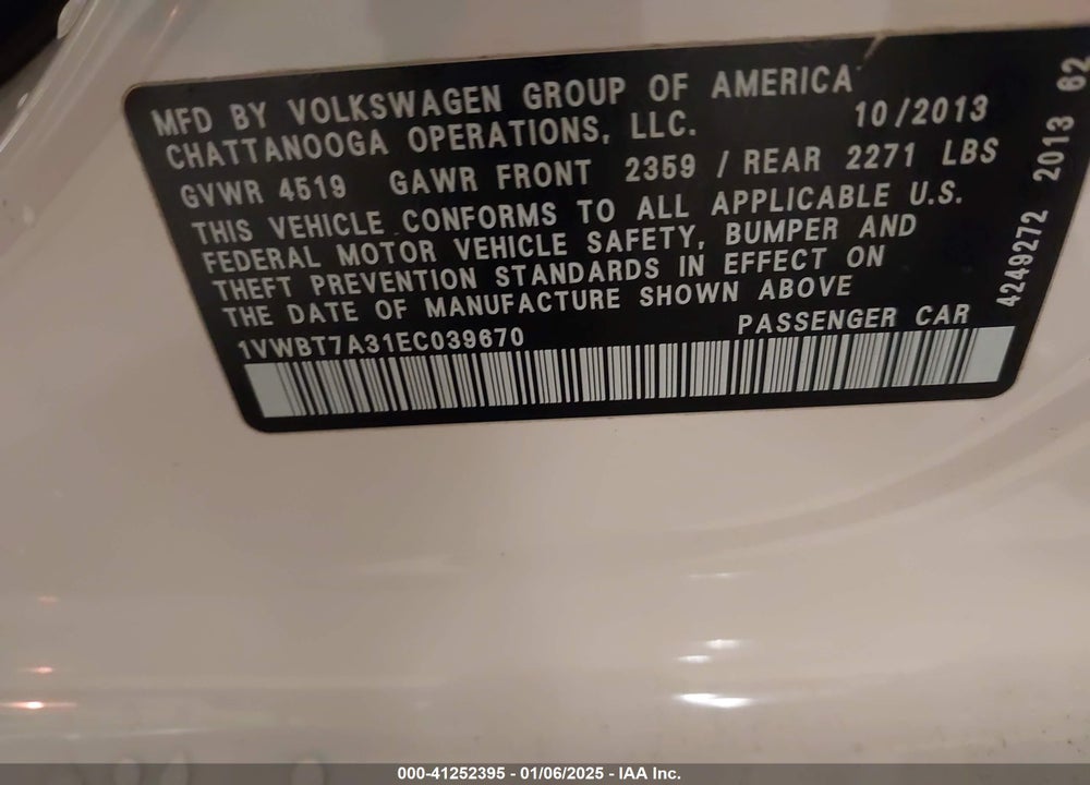 2014 VOLKSWAGEN PASSAT VIN: 1VWBT7A31EC039670