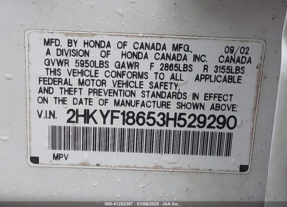 2003 HONDA PILOT EX-L VIN: 2HKYF18653H529290
