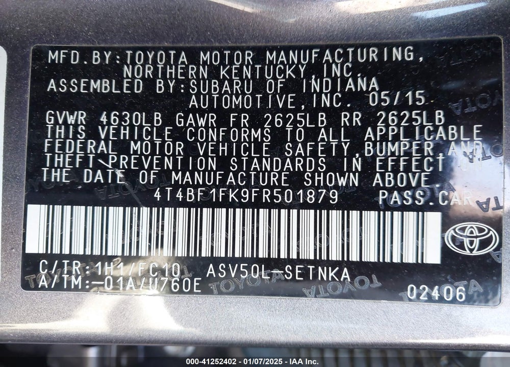 2015 TOYOTA CAMRY LE VIN: 4T4BF1FK9FR501879