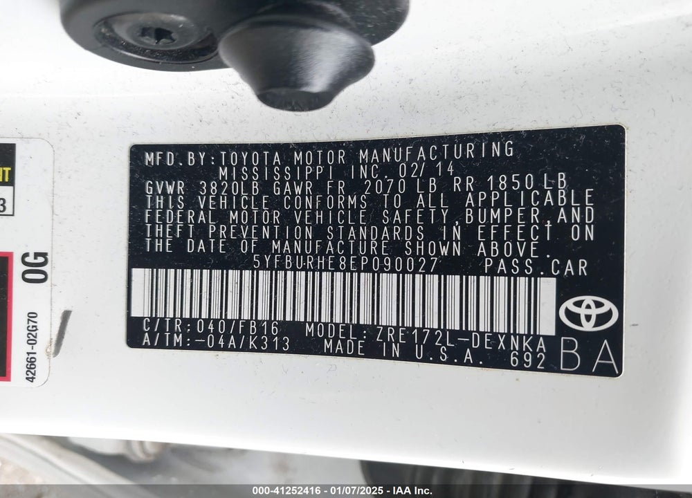 2014 TOYOTA COROLLA LE VIN: 5YFBURHE8EP090027