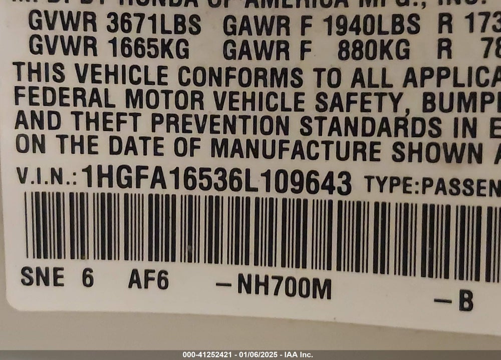 2006 HONDA CIVIC LX VIN: 1HGFA16536L109643
