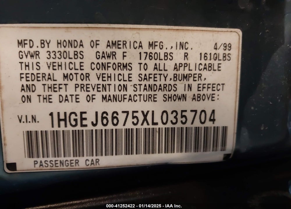 1999 HONDA CIVIC LX VIN: 1HGEJ6675XL035704