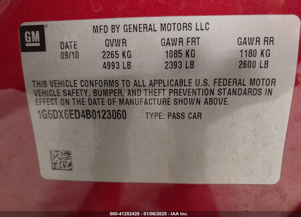 2011 CADILLAC STS VIN: 1G6DX6ED4B0123060