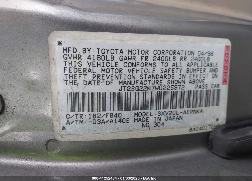 1998 TOYOTA CAMRY VIN: JT2BG22K7W0225872