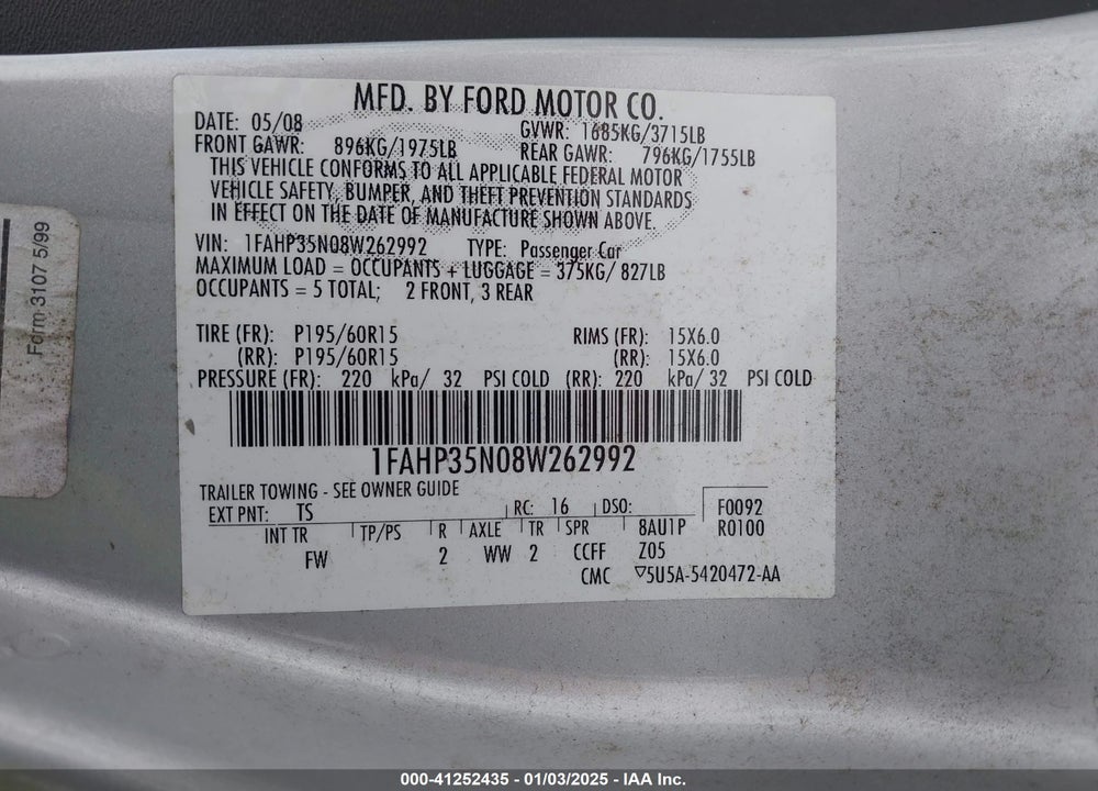 2008 FORD FOCUS VIN: 1FAHP35N08W262992