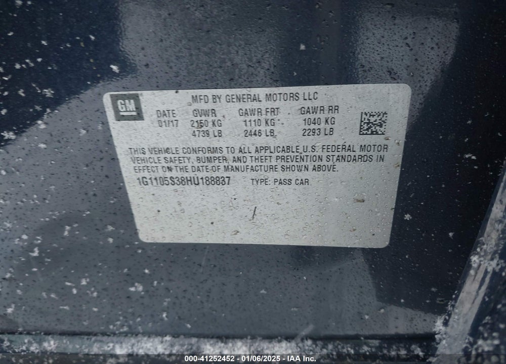 2017 CHEVROLET IMPALA 1LT VIN: 1G1105S38HU188837