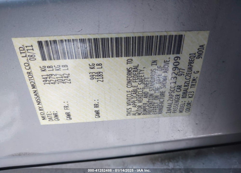 2012 NISSAN ALTIMA VIN: 1N4AL2AP5CC132909