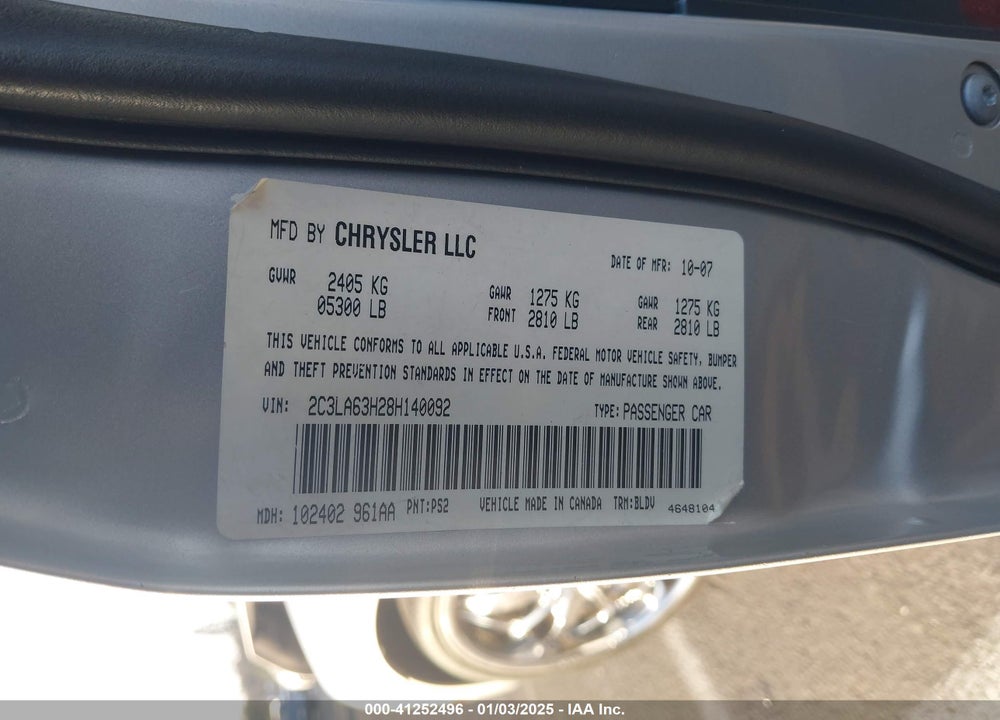 2008 CHRYSLER 300C HEMI VIN: 2C3LA63H28H140092