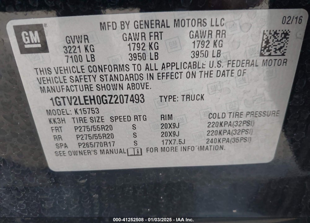 2016 GMC SIERRA 1500 VIN: 1GTV2LEH0GZ207493