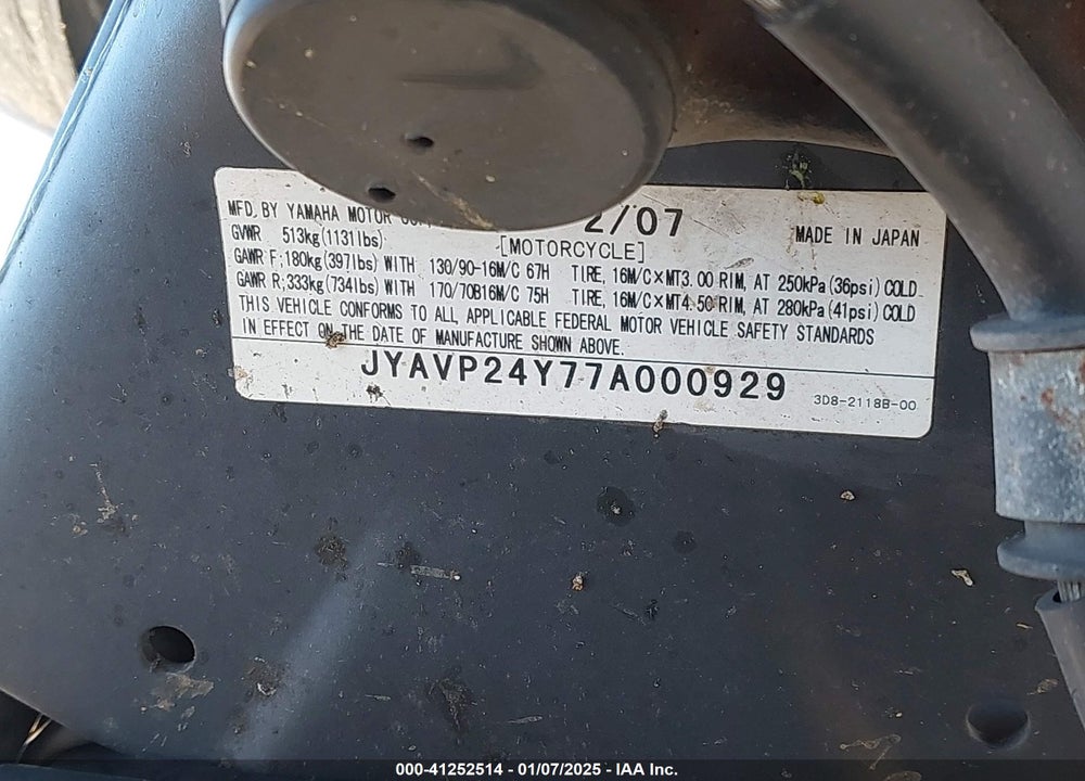 2007 YAMAHA XVS1300 A VIN: JYAVP24Y77A000929