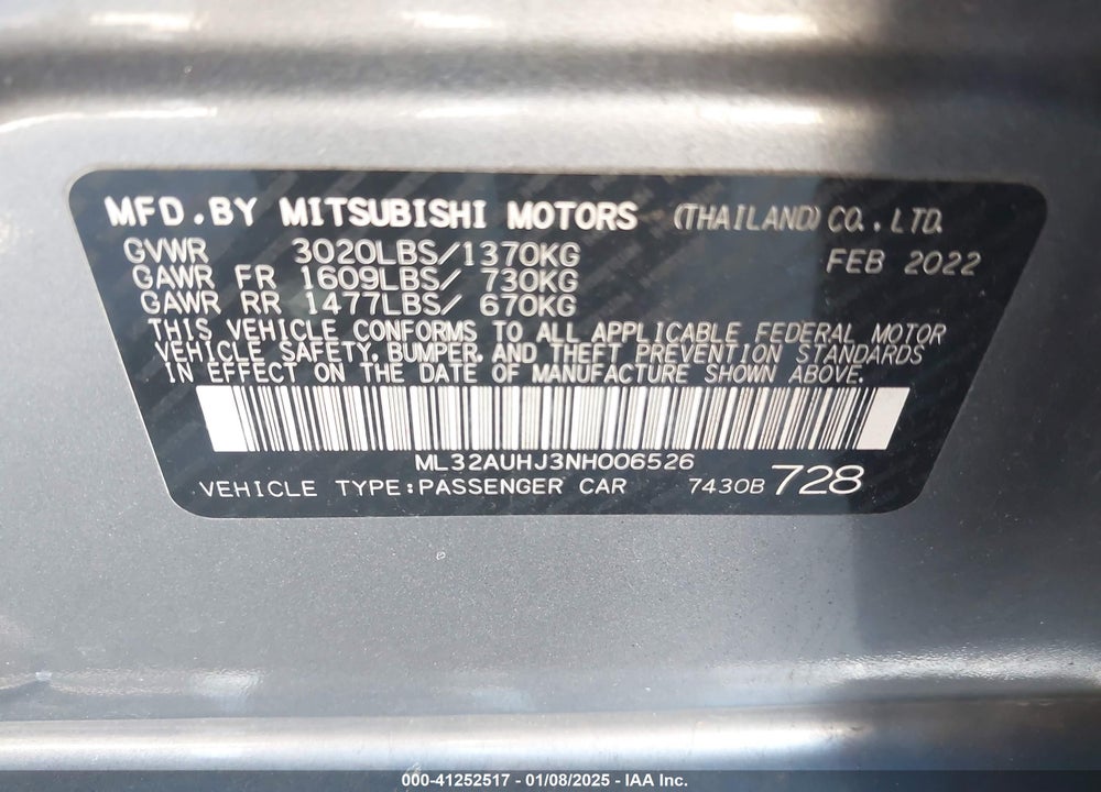 2022 MITSUBISHI MIRAGE ES/LE VIN: ML32AUHJ3NH006526