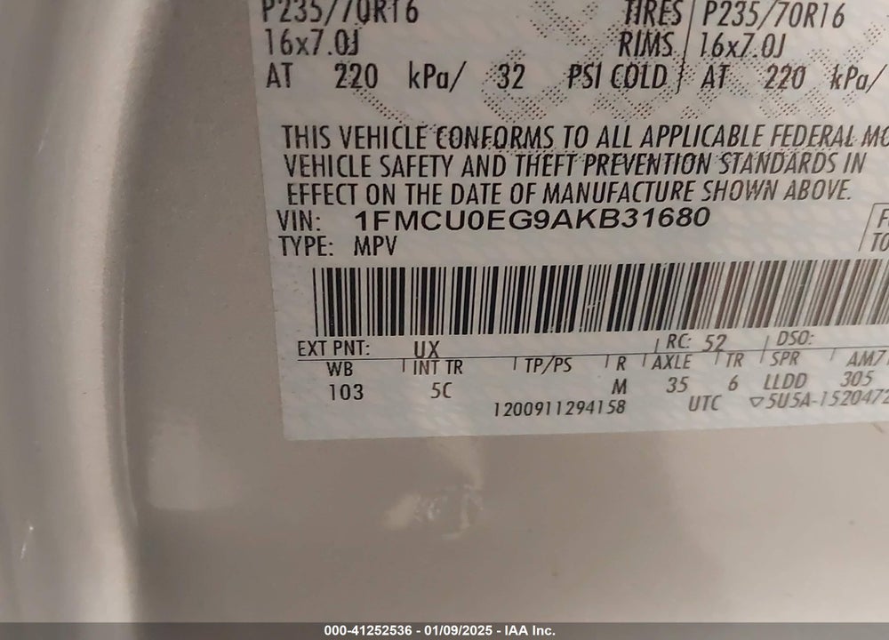 2010 FORD ESCAPE LIMITED VIN: 1FMCU0EG9AKB31680