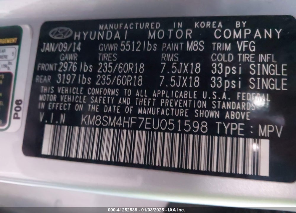 2014 HYUNDAI SANTA FE GLS VIN: KM8SM4HF7EU051598
