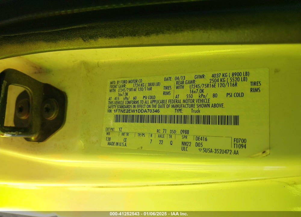 2013 FORD E-250 COMMERCIAL VIN: 1FTNE2EW1DDA70346