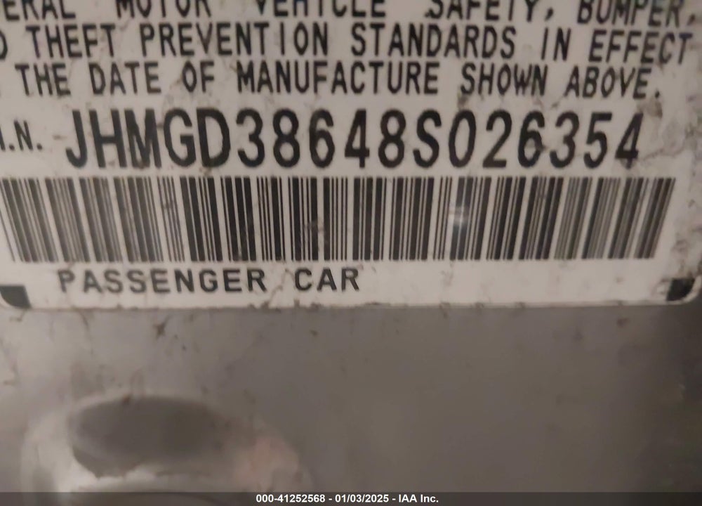 2008 HONDA FIT SPORT VIN: JHMGD38648S026354