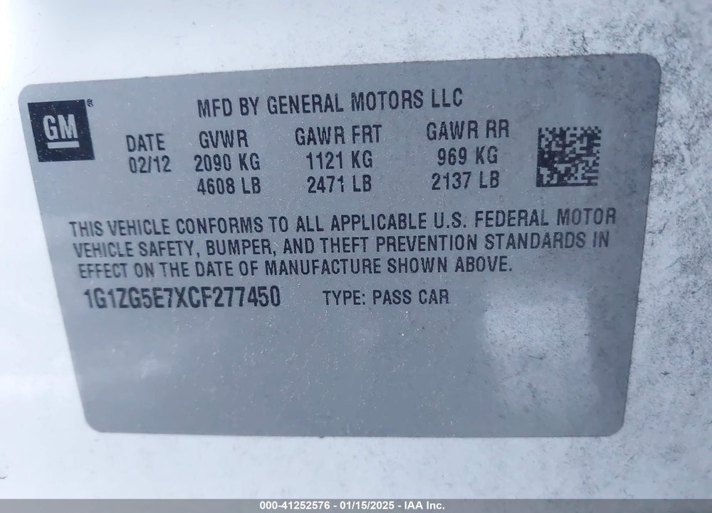 2012 CHEVROLET MALIBU VIN: 1G1ZG5E7XCF277450