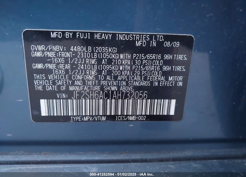 2010 SUBARU FORESTER 2.5X VIN: JF2SH6AC1AH732056