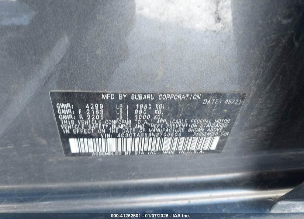 2022 SUBARU IMPREZA BASE 5-DOOR VIN: 4S3GTAB69N3700506