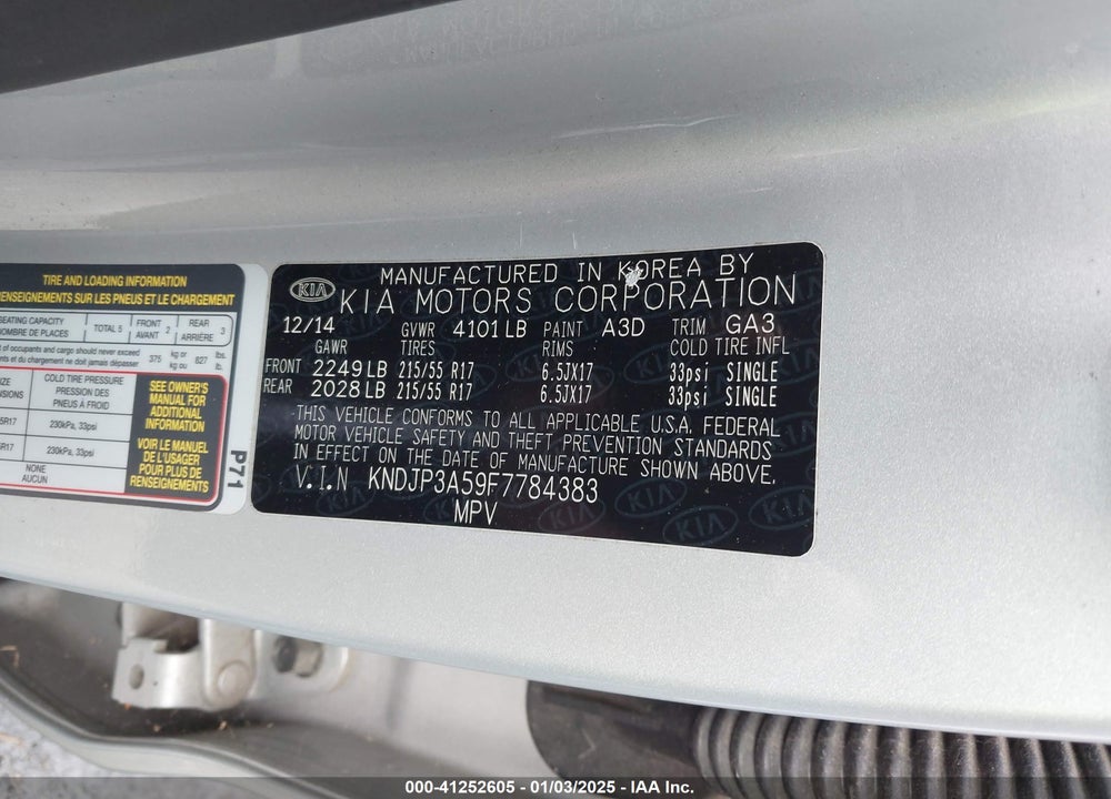 2015 KIA SOUL VIN: KNDJP3A59F7784383