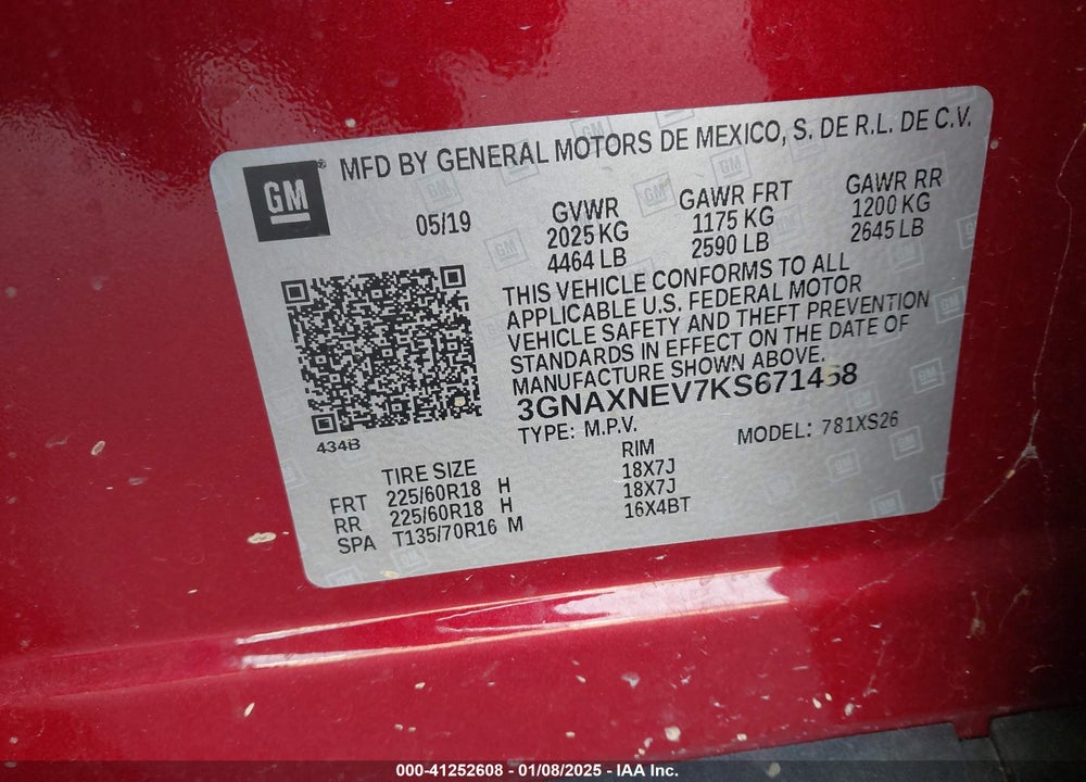 2019 CHEVROLET EQUINOX VIN: 3GNAXNEV7KS671458