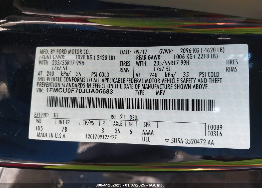 2018 FORD ESCAPE S VIN: 1FMCU0F70JUA06683