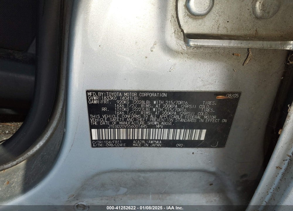 2005 TOYOTA RAV4 VIN: JTEGD20V556001445