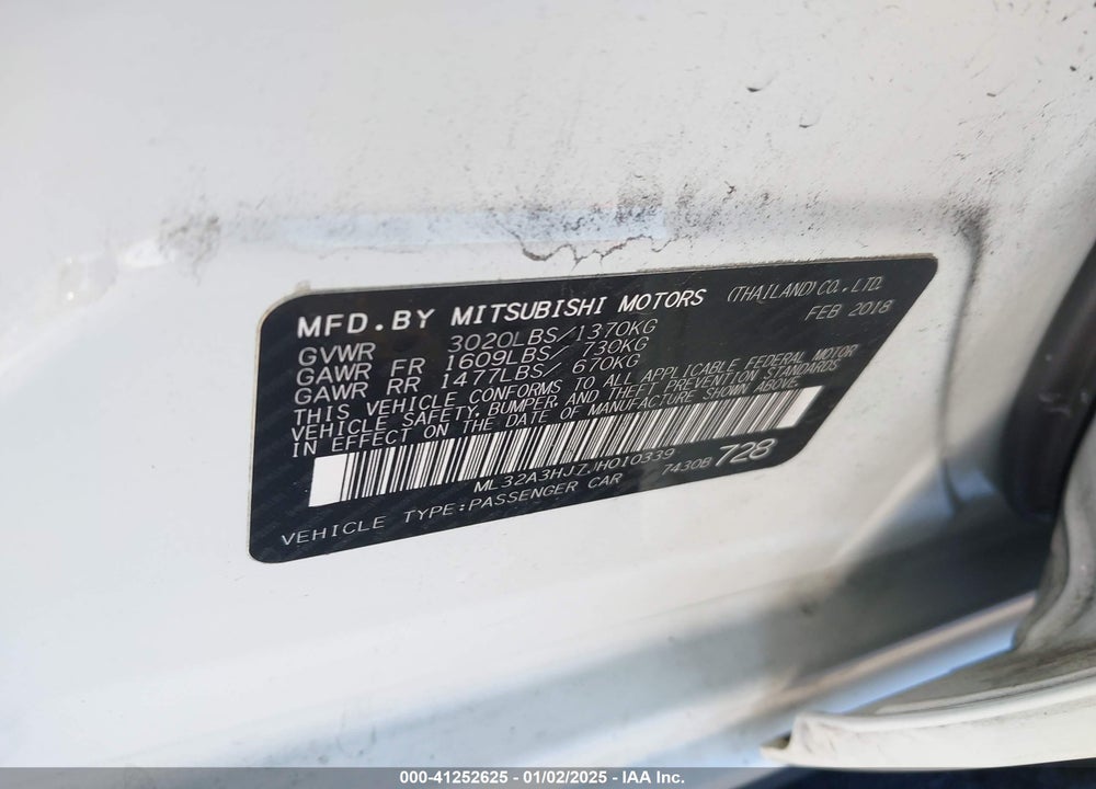 2018 MITSUBISHI MIRAGE ES VIN: ML32A3HJ7JH010339