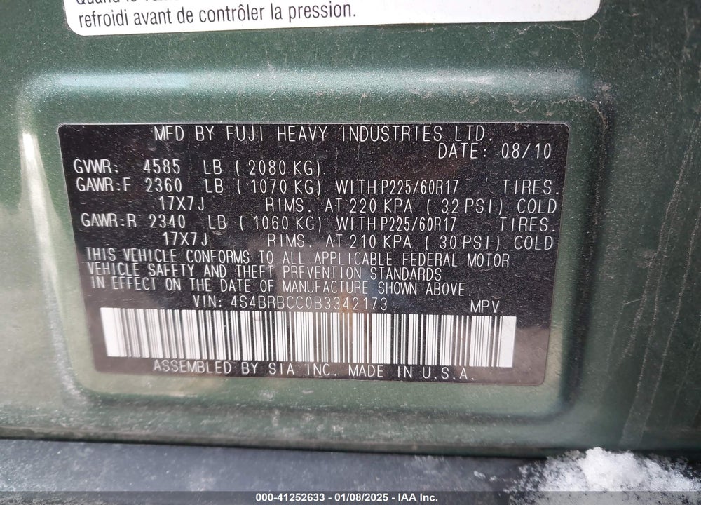 2011 SUBARU OUTBACK VIN: 4S4BRBCC0B3342173