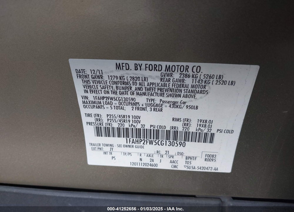 2012 FORD TAURUS LIMITED VIN: 1FAHP2FW5CG130590