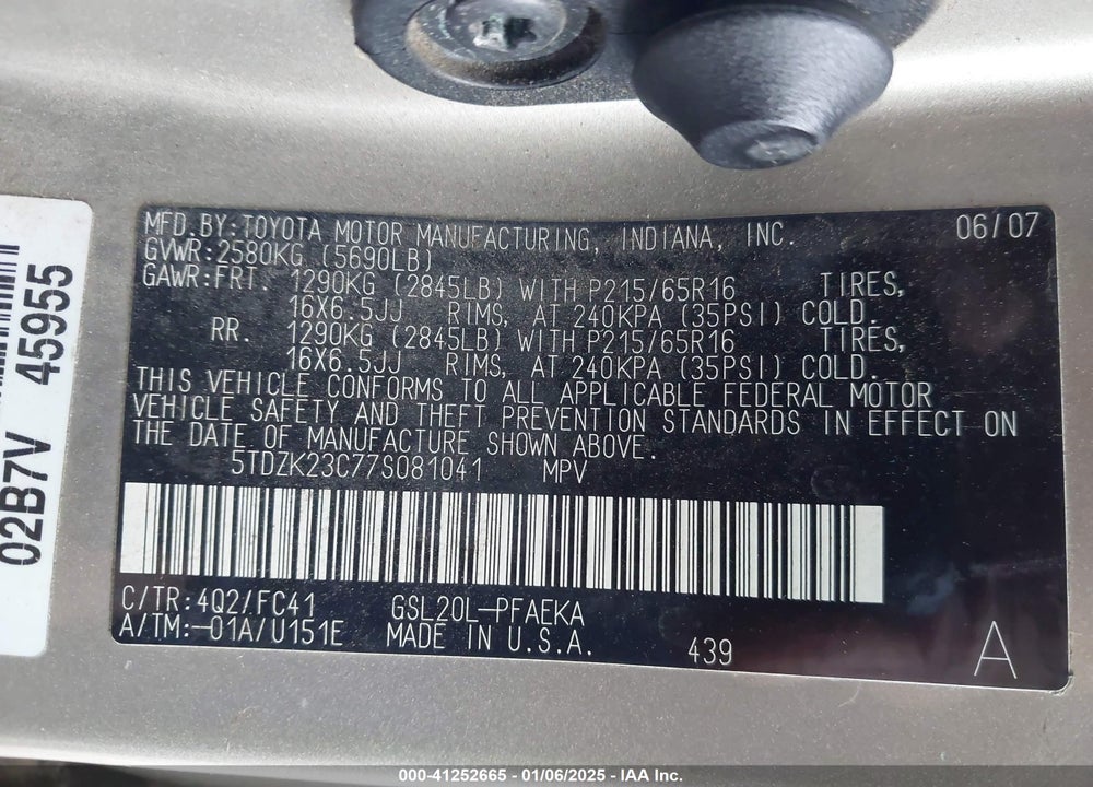 2007 TOYOTA SIENNA LE VIN: 5TDZK23C77S081041