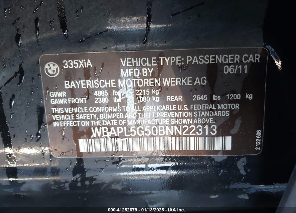 2011 BMW 335I XDRIVE VIN: WBAPL5G50BNN22313