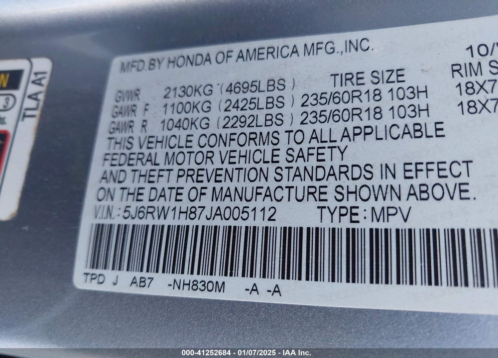 2018 HONDA CR-V EX-L/EX-L NAVI VIN: 5J6RW1H87JA005112