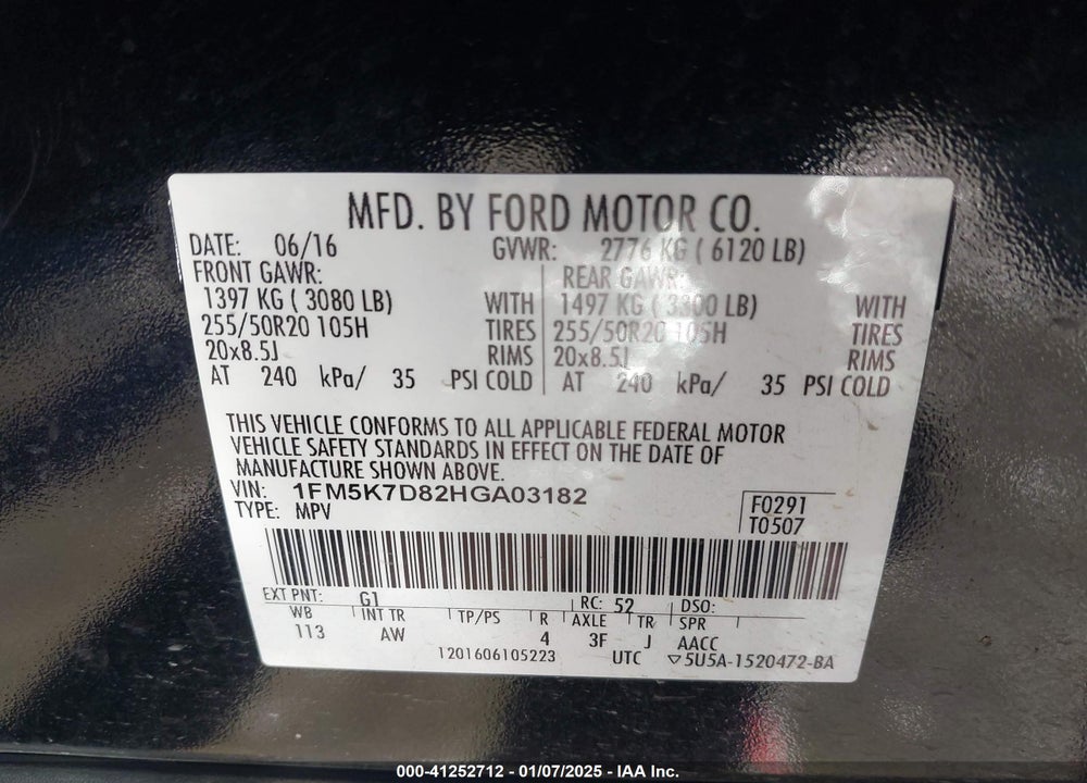2017 FORD EXPLORER XLT VIN: 1FM5K7D82HGA03182