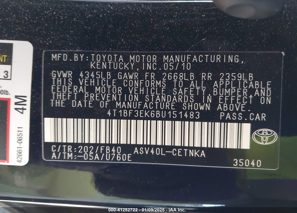 2011 TOYOTA CAMRY LE VIN: 4T1BF3EK6BU151483
