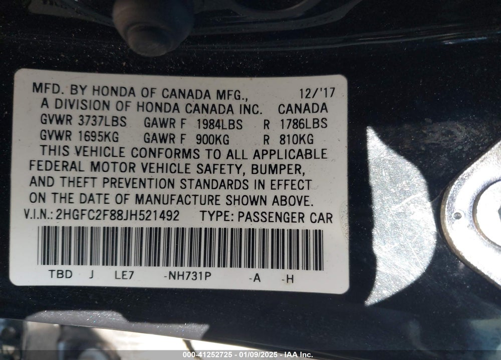 2018 HONDA CIVIC VIN: 2HGFC2F88JH521492