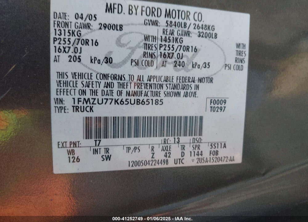 2005 FORD EXPLORER SPORT TRAC VIN: 1FMZU77K65UB65185