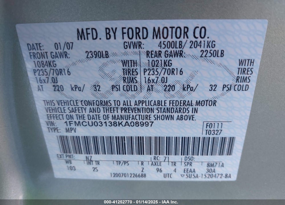 2008 FORD ESCAPE XLT VIN: 1FMCU03138KA08997