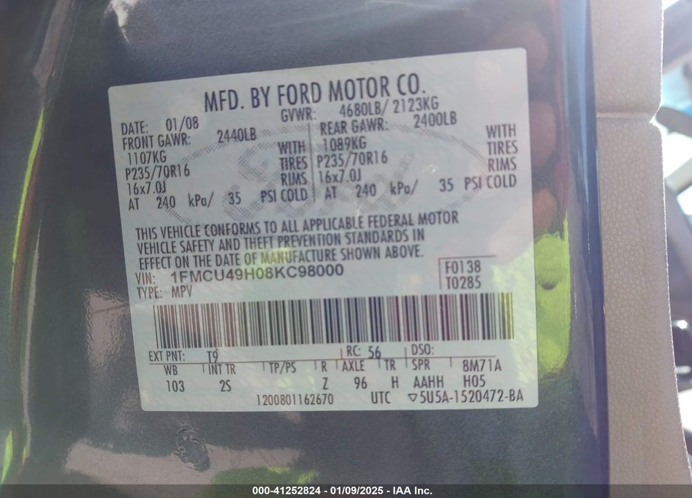 2008 FORD ESCAPE HYBRID VIN: 1FMCU49H08KC98000