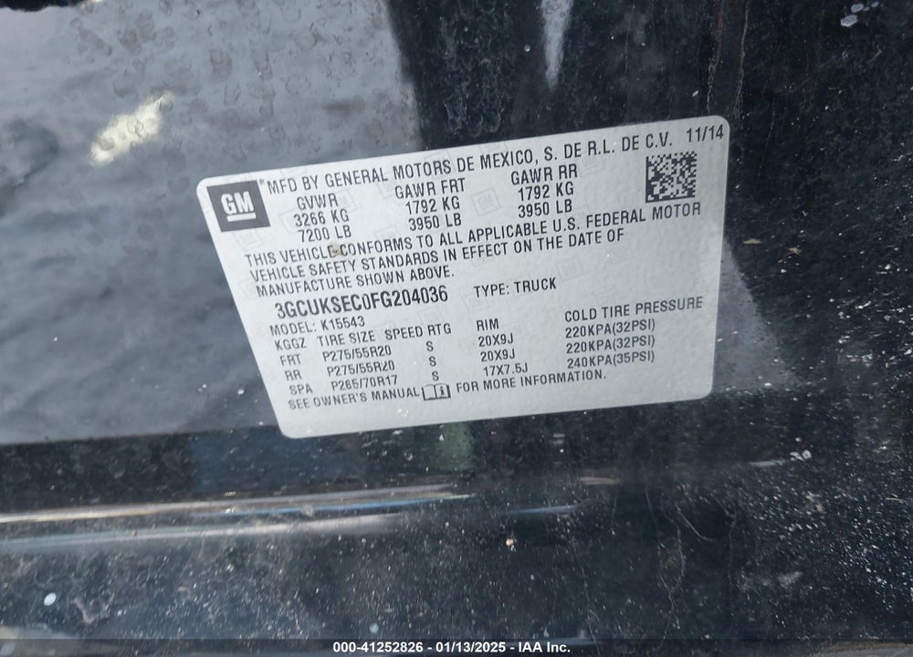 2015 CHEVROLET SILVERADO VIN: 3GCUKSEC0FG204036