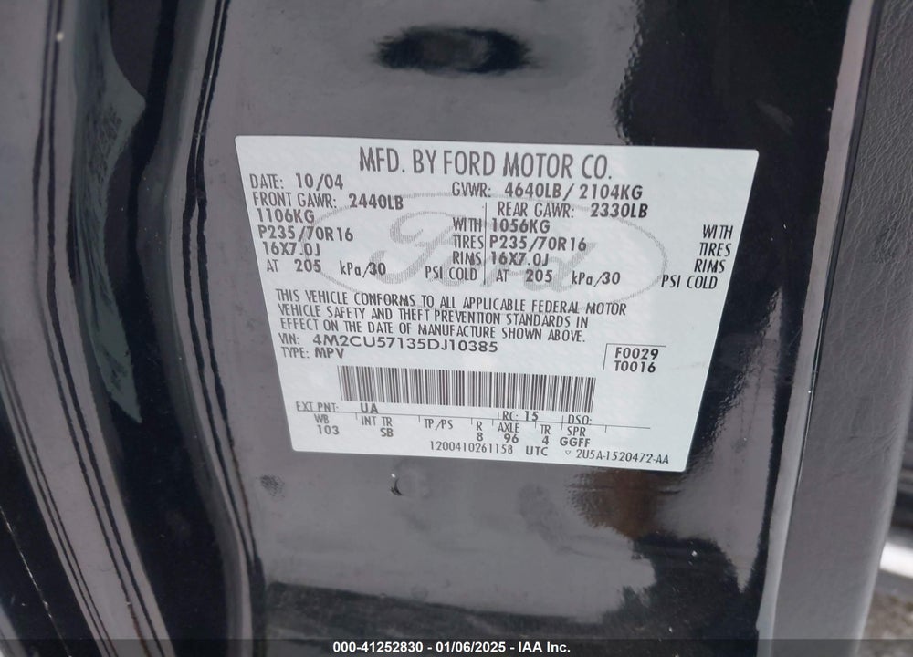 2005 MERCURY MARINER LUXURY/PREMIER VIN: 4M2CU57135DJ10385