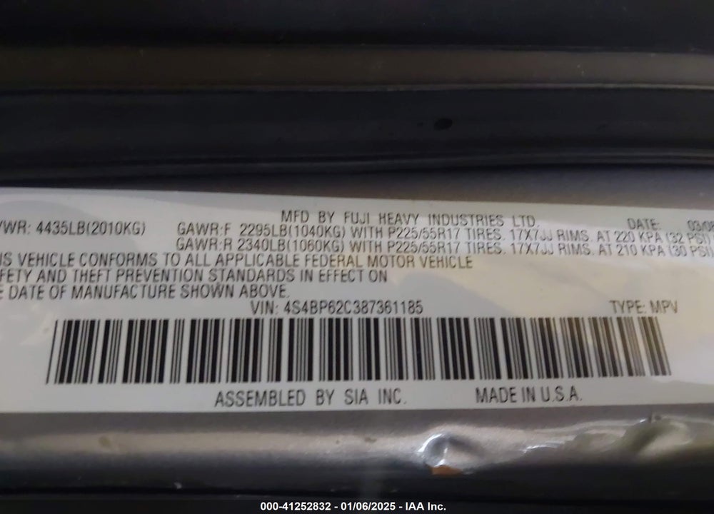 2008 SUBARU OUTBACK 2.5I LIMITED/2.5I LIMITED L.L. BEAN EDITION VIN: 4S4BP62C387361185