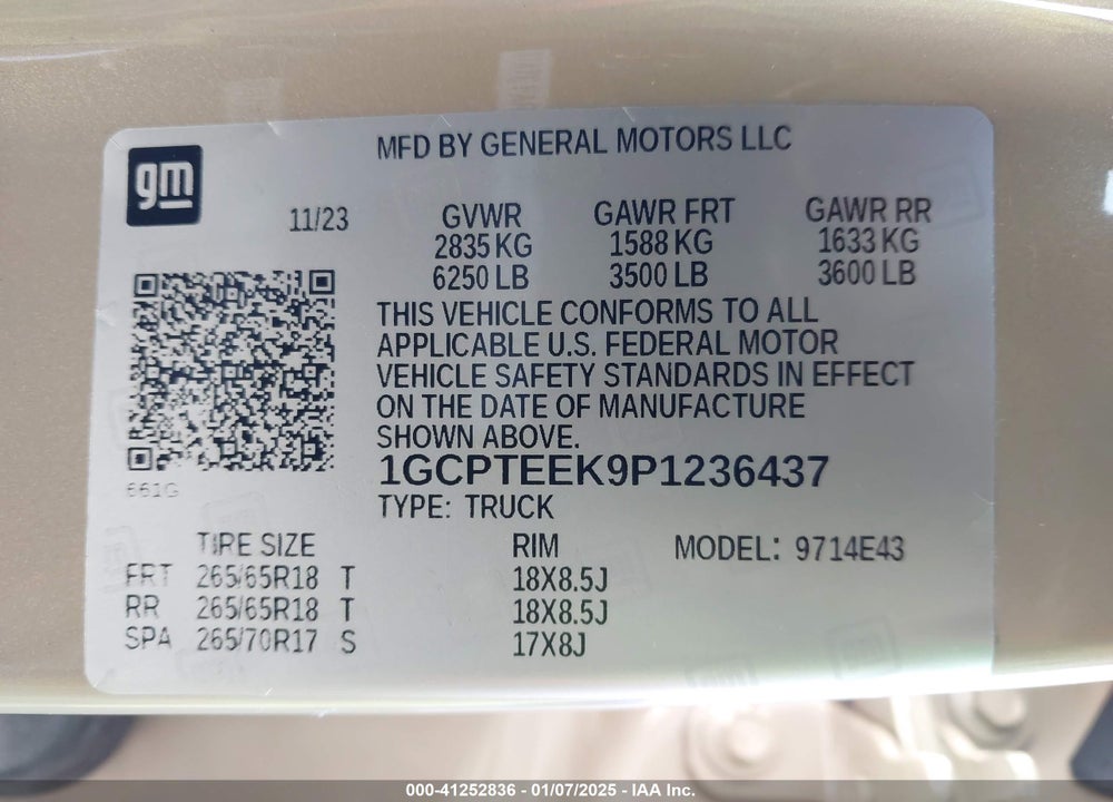2023 CHEVROLET COLORADO VIN: 1GCPTEEK9P1236437