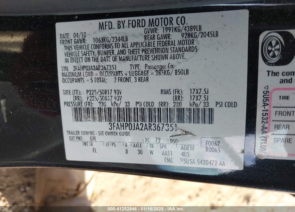 2010 FORD FUSION VIN: 3FAHP0JA2AR367351