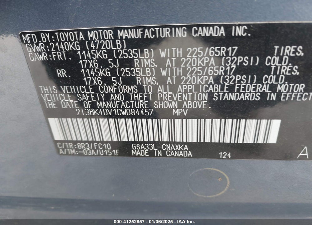 2012 TOYOTA RAV4 BASE V6 VIN: 2T3BK4DV1CW084457