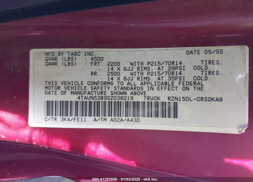 1995 TOYOTA TACOMA XTRACAB VIN: 4TAUN53B9SZ038219