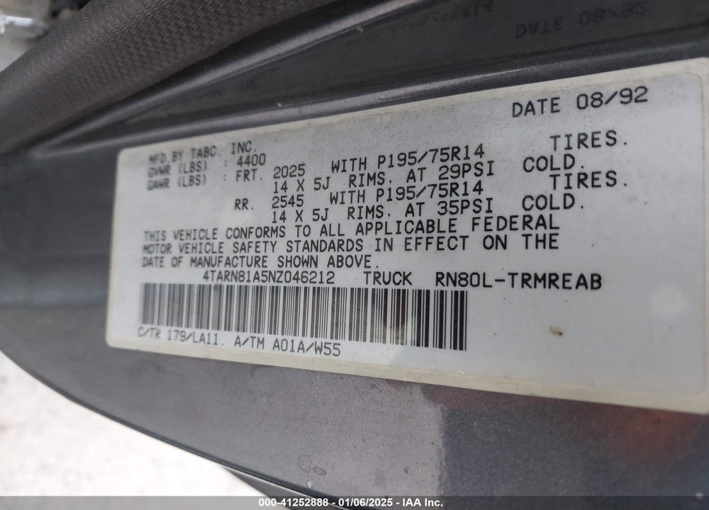 1992 TOYOTA PICKUP 1/2 TON SHORT WHLBASE STB VIN: 4TARN81A5NZ046212