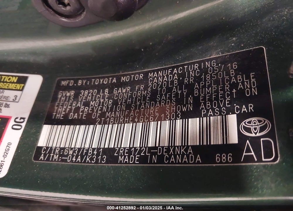 2016 TOYOTA COROLLA LE VIN: 2T1BURHE4GC671303