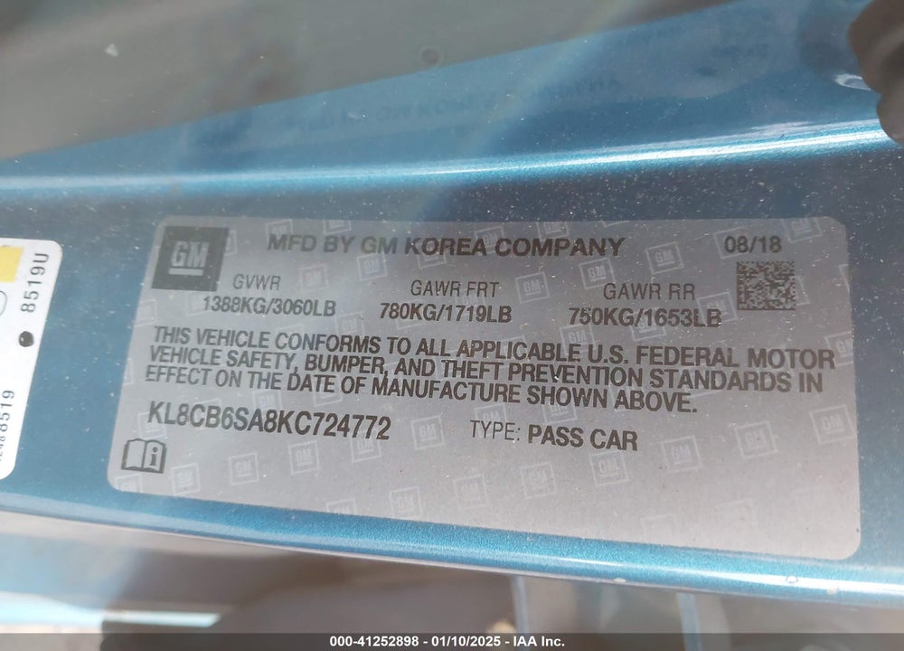 2019 CHEVROLET SPARK VIN: KL8CB6SA8KC724772